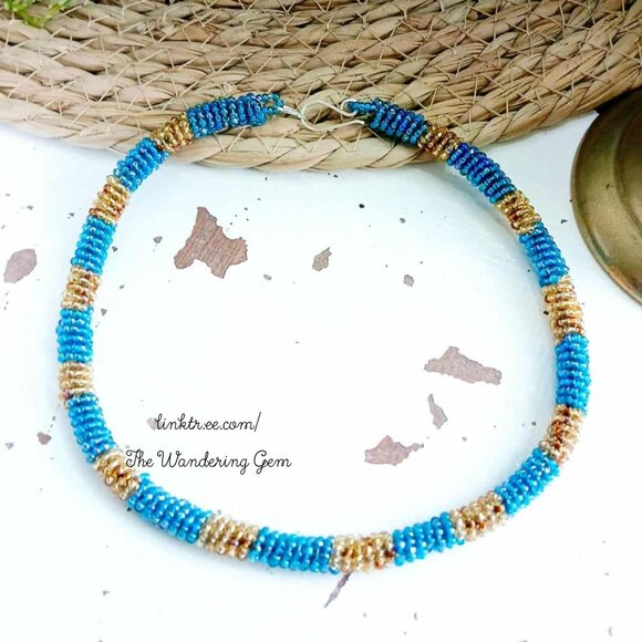 Beaded Rope Choker Necklace, Blue & Gold Seed Bead Jewelry, Boho Statement - Picture 2 of 6